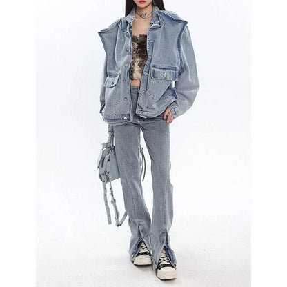 A stylish patchwork denim jacket with a relaxed fit, made from a blend of polyester and cotton for comfort and durability.