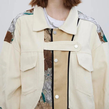 Trendy embroidered patchwork denim jacket in various sizes, perfect for autumn and winter wear