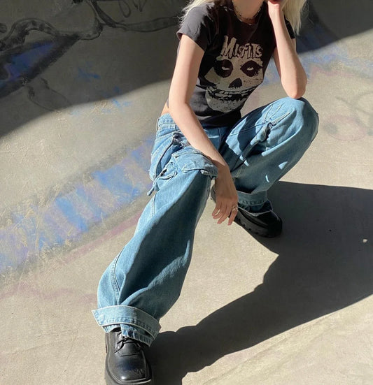 Trendha Heavy-Duty Wide-Leg Denim Jeans with Oversized Pockets in Dark Blue