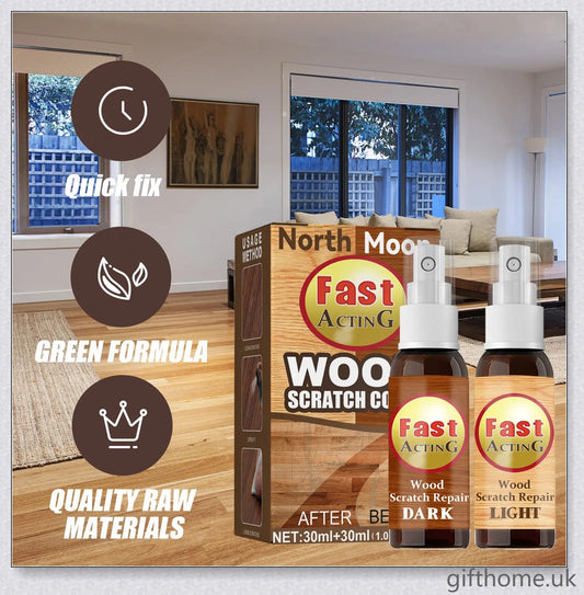A bottle of premium wood scratch repair spray with a light and dark colour option for blending seamlessly with various wood tones.