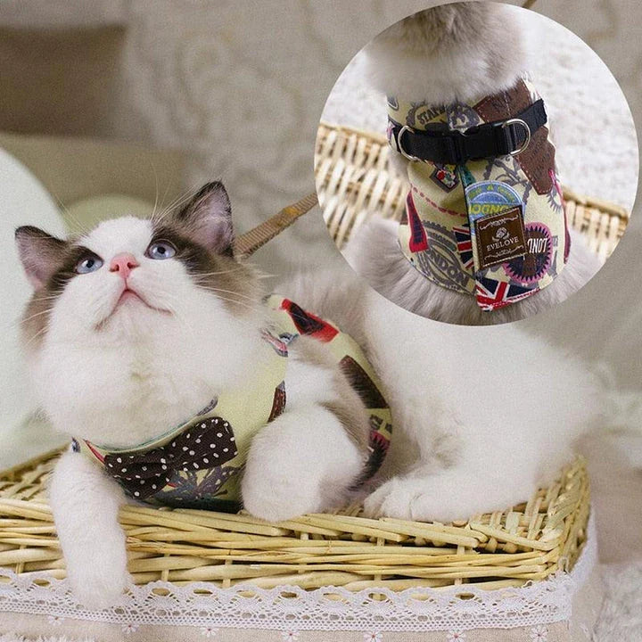 Premium cat harness with adjustable straps and leash for outdoor adventures, featuring a sophisticated gentleman's style design.