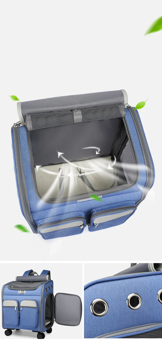 Convenient pet carrier trolley in blue colour, designed with a folding mechanism for easy transport and storage