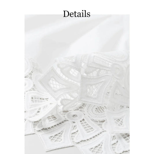 Elegant lace-spliced A-line midi skirt in beige, suitable for various occasions