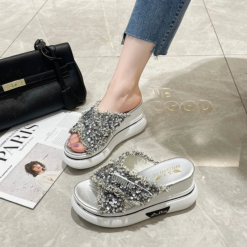 Premium black sequin sponge cake wedge sandals with a fashionable fish-mouth toe design and thick, supportive rubber sole