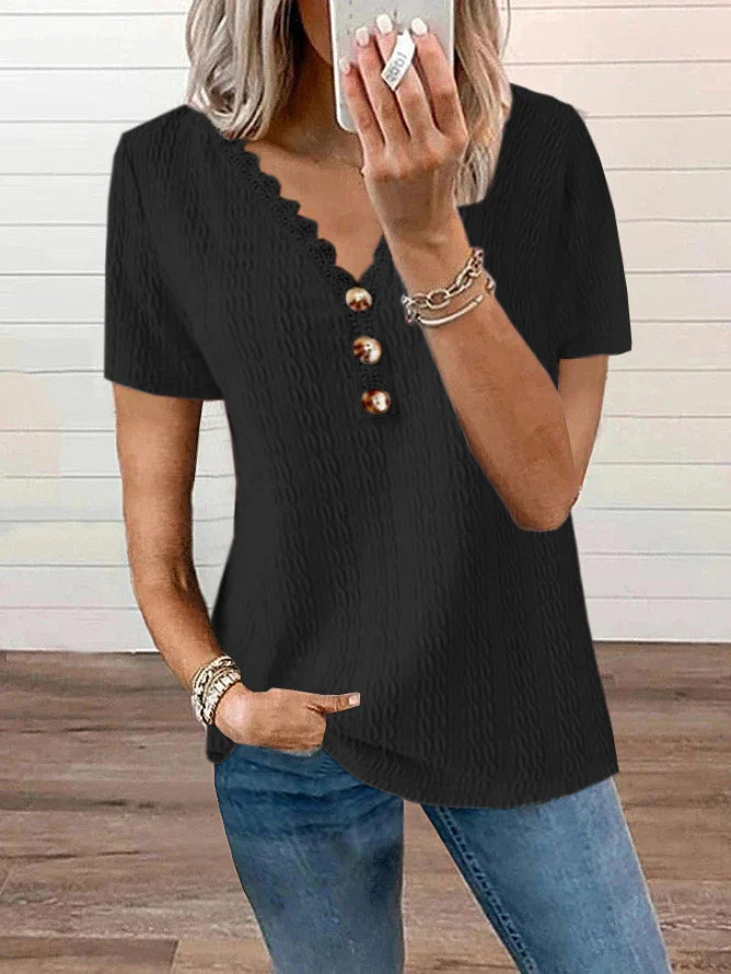 Stylish loose-fit V-neck casual T-shirt with lace detailing and button accents, available in a range of colours