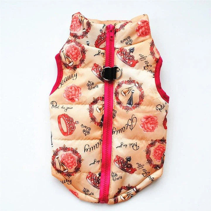 A cosy and stylish winter jacket for pets, featuring vibrant printed patterns and a snug, comfortable fit.