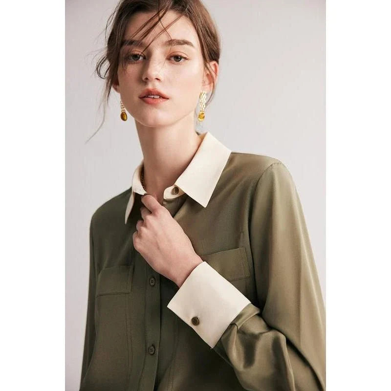 Sophisticated 100% Mulberry silk crepe de chine dress shirt for stylish women in the UK, offering elegance, comfort and versatility.