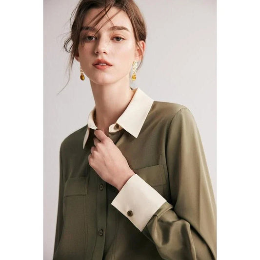 Sophisticated 100% Mulberry silk crepe de chine dress shirt for stylish women in the UK, offering elegance, comfort and versatility.