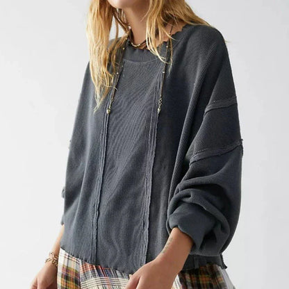 Chic cotton sweatshirt for women featuring a unique patchwork design, classic O-neck collar, and full-length sleeves for cosy comfort and fashion-forward style.