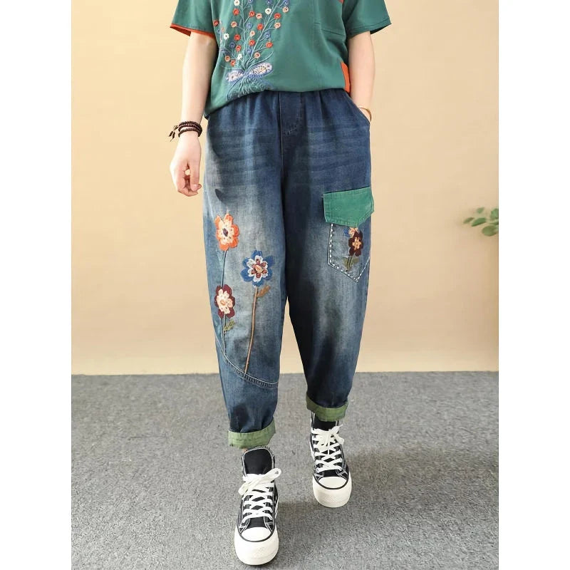 Stylish embroidered patchwork ankle-length harem jeans with a comfortable, versatile design