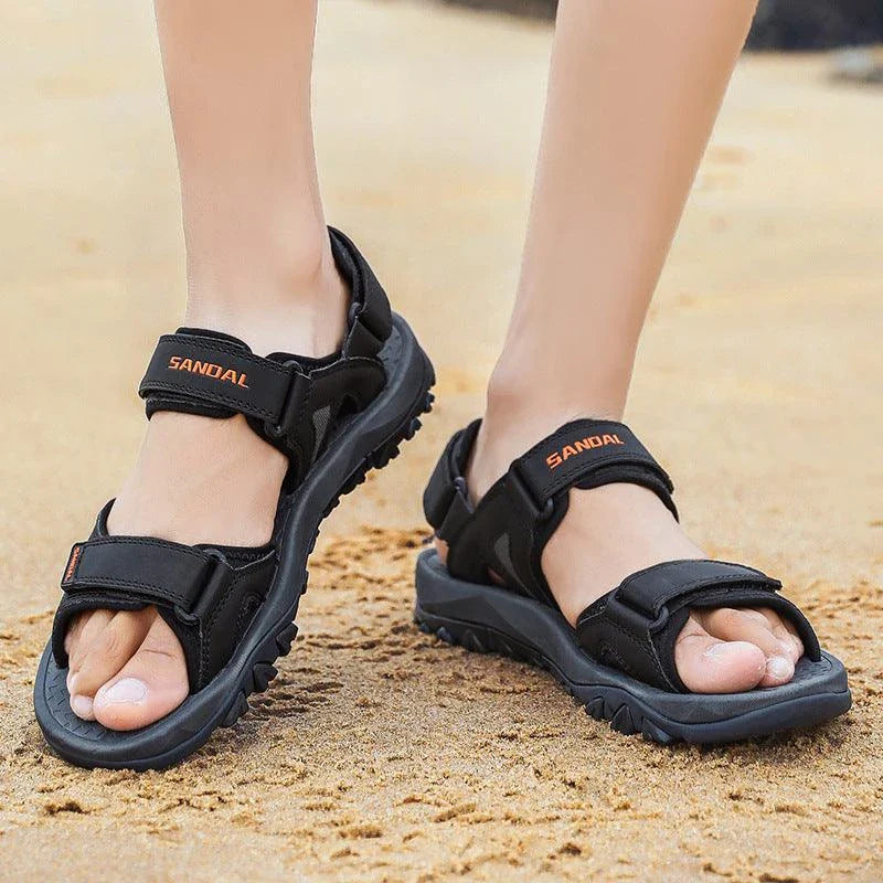 Men's black artificial PU leather and rubber sole beach sandals with open-toe design for outdoor leisure