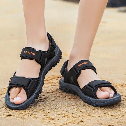 Men's black artificial PU leather and rubber sole beach sandals with open-toe design for outdoor leisure