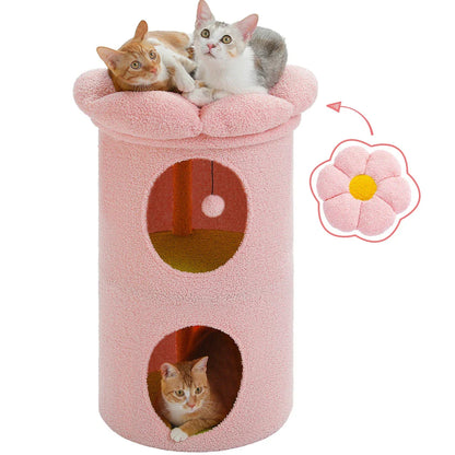 Luxurious double-decker cat bed with charming flower-shaped perch and interactive toy, made with soft corduroy fabric for maximum comfort.