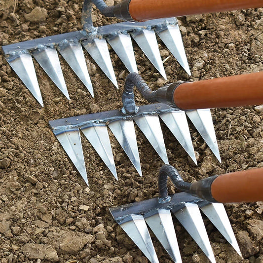 Premium multi-purpose gardening hoe with high carbon steel construction and a range of tooth count options for versatile weeding and soil preparation tasks