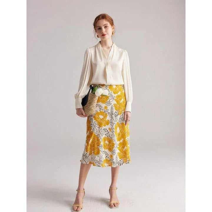 Elegant Mulberry Silk Floral A-Line Skirt in vibrant yellow with delicate floral pattern