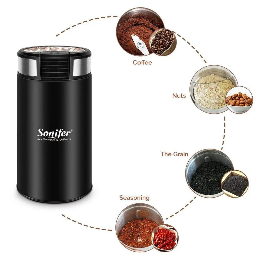 Compact electric stainless steel coffee grinder with sleek design and powerful 200-watt motor for consistent grinding