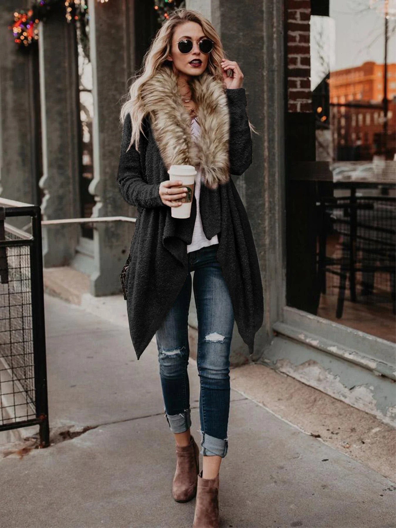 Luxurious plush trench coat in khaki colour with detachable faux fur collar, perfect for the British winter weather