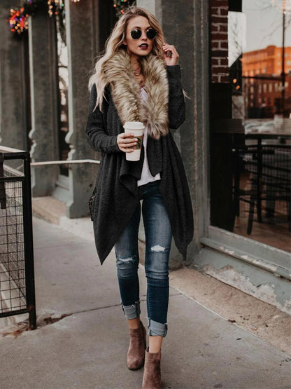 Luxurious plush trench coat in khaki colour with detachable faux fur collar, perfect for the British winter weather