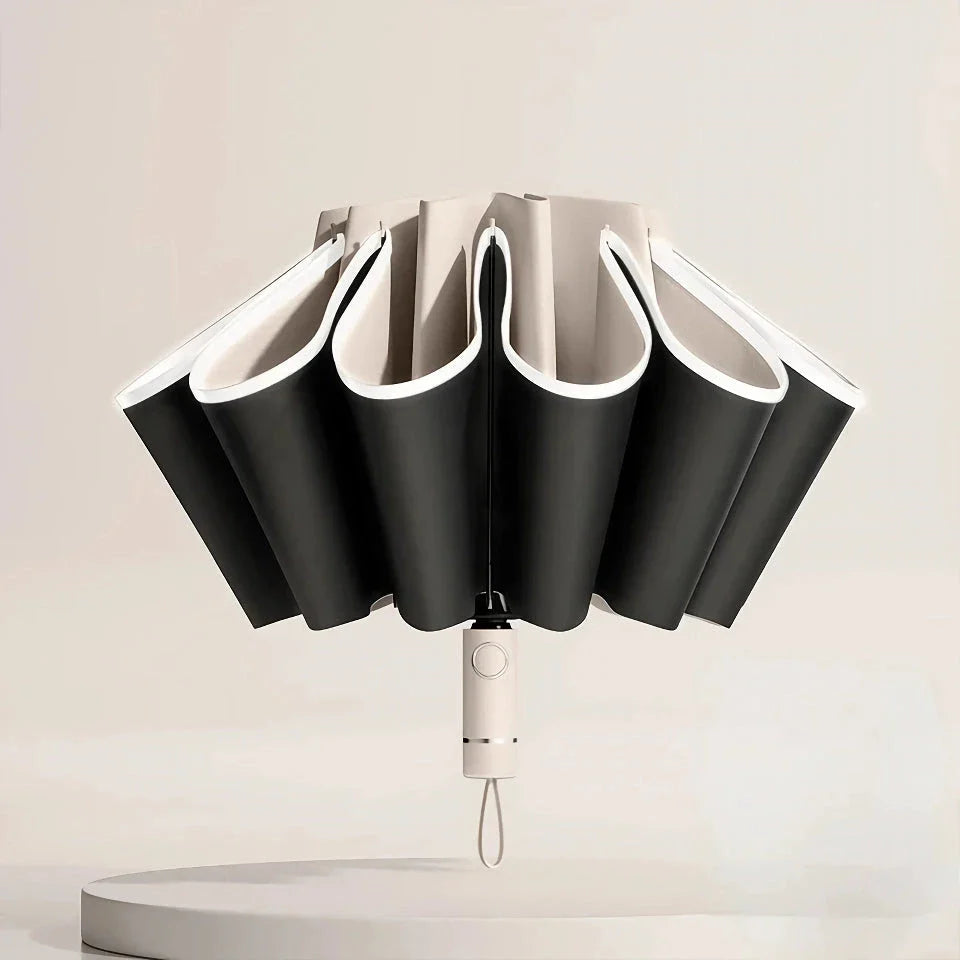 Premium auto-open reverse folding umbrella with reflective safety strip for all-weather protection