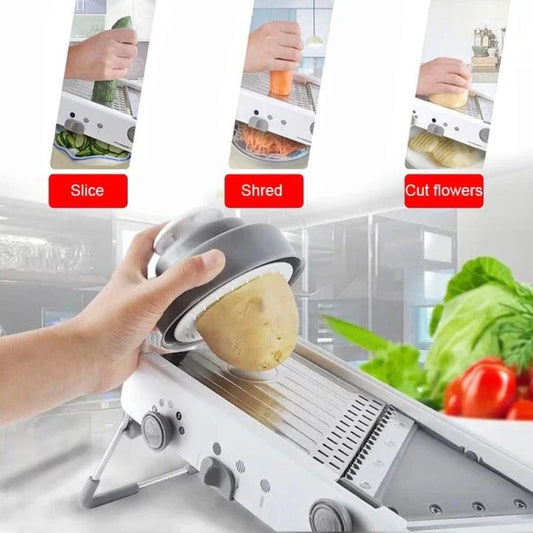 Premium manual vegetable slicer with stainless steel blades and ABS frame for effortless slicing, dicing, and shredding of fresh produce