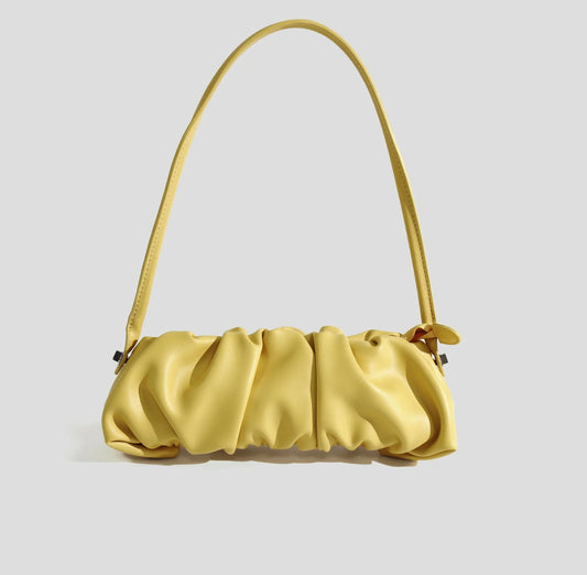 Pleated fashion one-shoulder diagonal handbag in various colours including white, yellow, green, black, and light blue