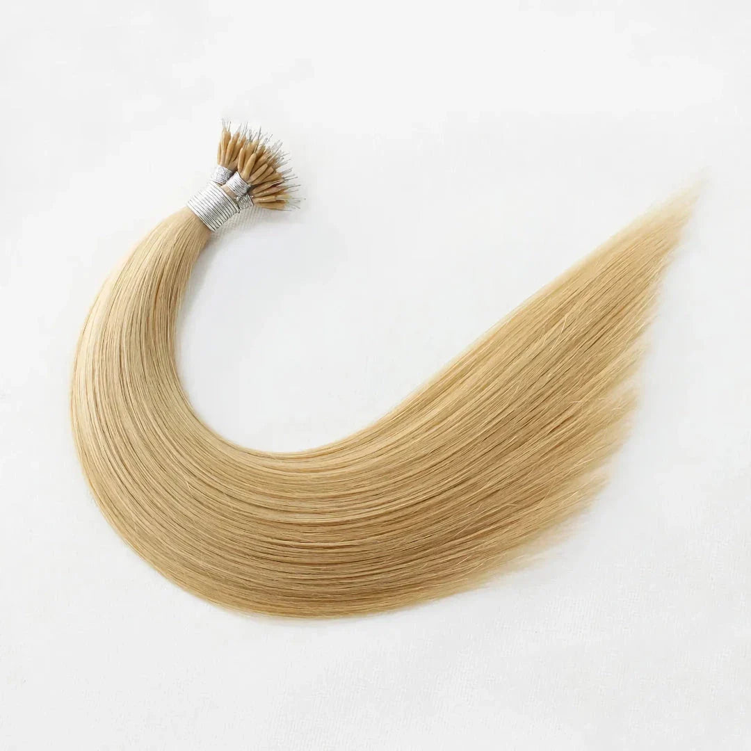 Premium Keratin U-Tip Hair Extensions in Cold Blonde, providing natural-looking length and volume
