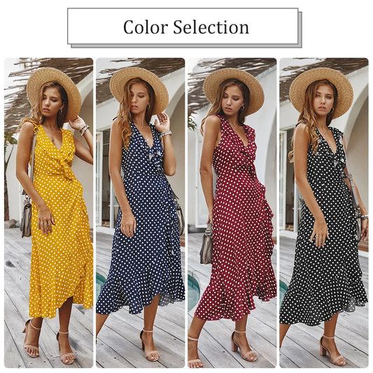 Polka dot dress with wave-like details, made from premium cotton for a comfortable and stylish British-inspired bohemian look.
