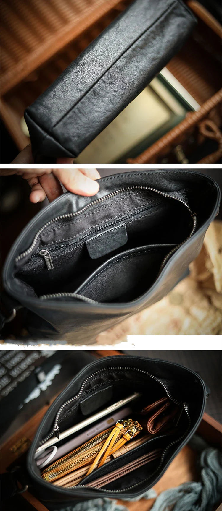Premium black leather shoulder bag with horizontal zipper closure, featuring a spacious interior and versatile design for the modern British gentleman