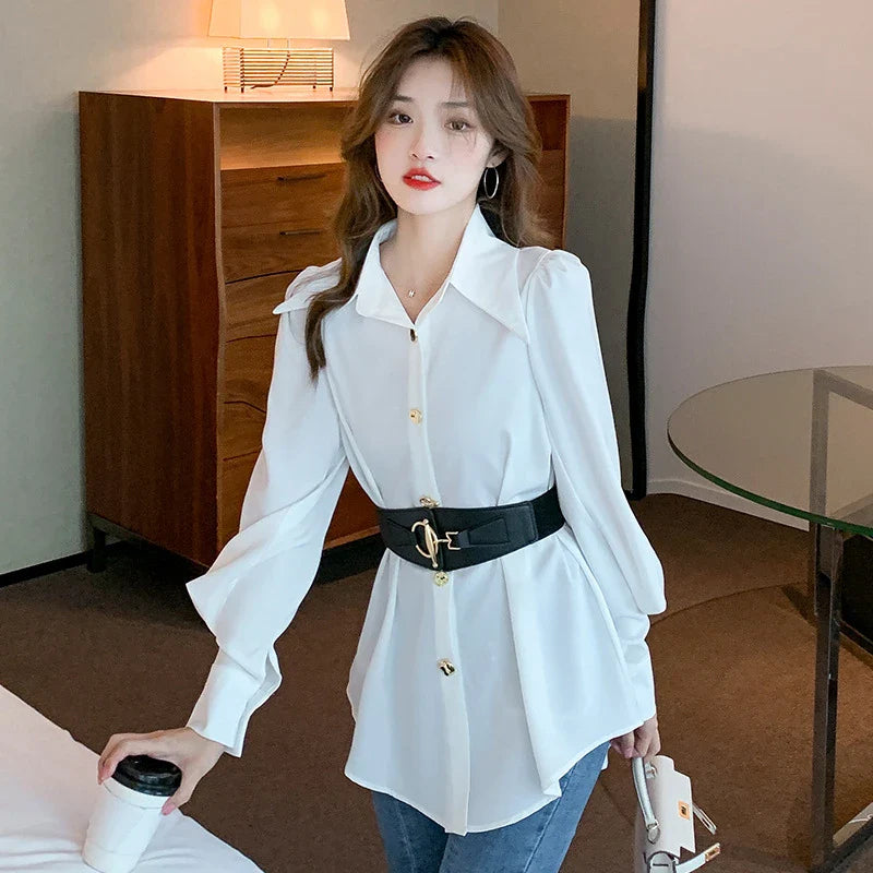 Elegant long sleeve women's blouse with metal buckle belt in white and black colours
