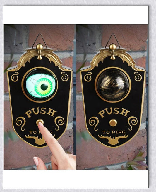 Spooky animated Halloween doorbell with a lifelike glowing green eyeball that peers out and greets guests