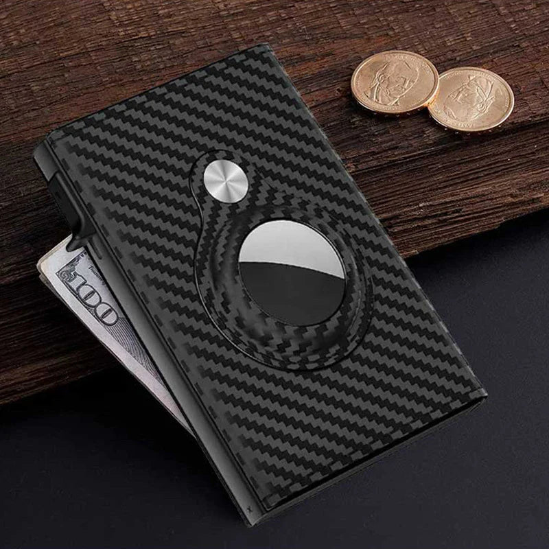 Premium carbon fibre and genuine leather card holder with stylish black and stripe design, offering anti-theft protection and ample storage for the modern UK consumer