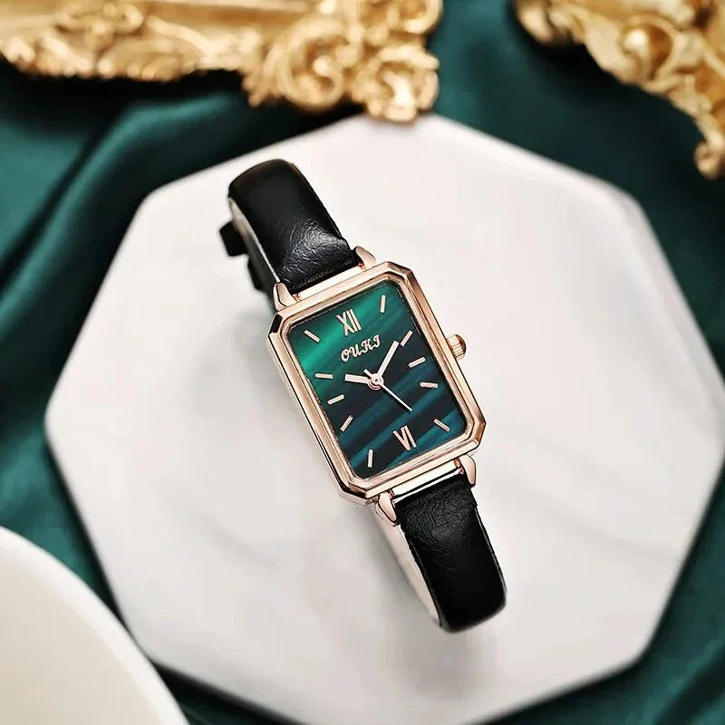 Refined square dial ladies watch with genuine leather strap, minimalist design, and durable aluminium alloy case