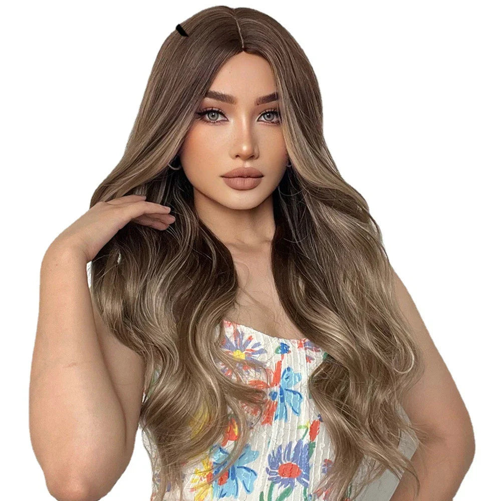 Elegant medium-length wig with gradient grey and brown curly hair, crafted with premium domestic silk for a luxurious British-inspired style.