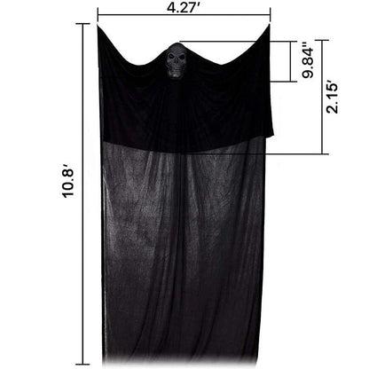 A spooky voice-activated Halloween decoration with lighting and sound effects, featuring a haunting black ghost design.