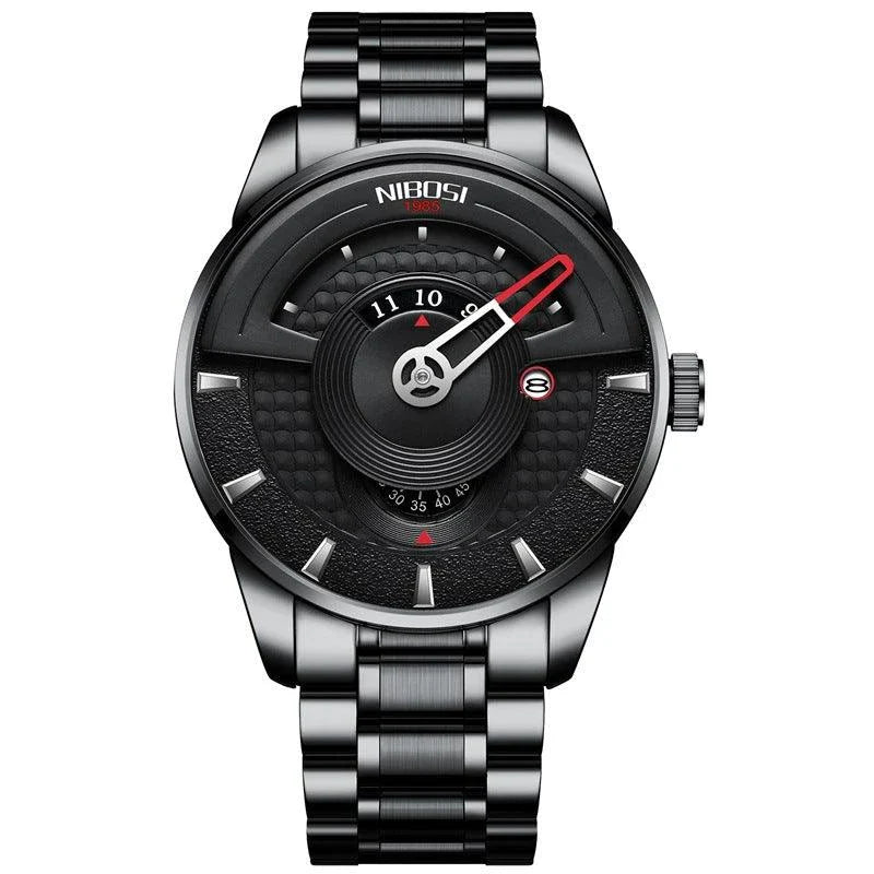 Premium gold-black quartz waterproof watch with alloy case and solid steel strap