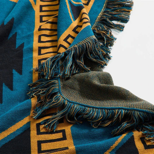 Elegant Bohemian Geometric Pattern Blanket made from premium cotton with luxurious fringes, available in various colours