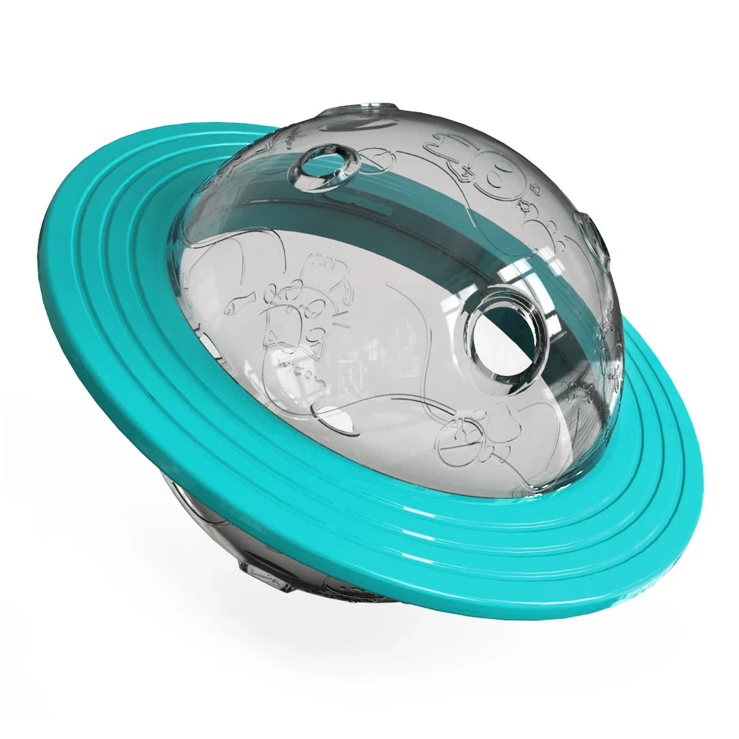 Dog playing with the interactive Dog Planet Treat Toy, a durable and engaging puzzle toy that stimulates a dog's cognitive abilities.