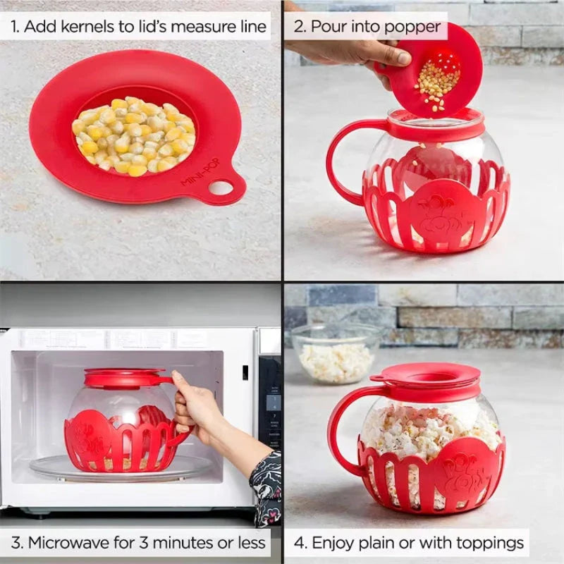 Premium microwave glass popcorn popper with silicone lid for easy steam release and portion control