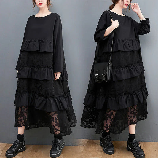 Stylish plus size dress in sophisticated black mesh fabric with wide waistline and long sleeves