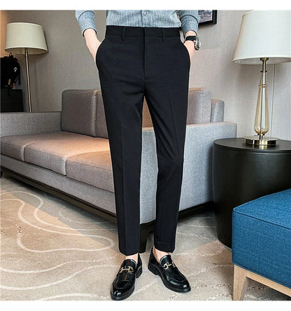 Premium men's suit trousers in a variety of colours, featuring a subtle textured drape and exceptional stretch for all-day comfort and style.