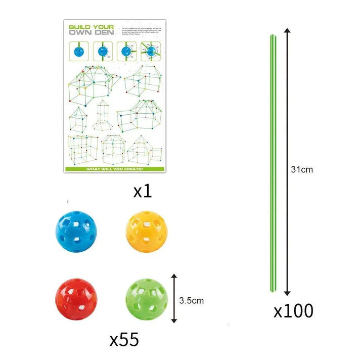 Children's DIY bead tent fort building kit with plastic balls and tubes for creative play and imagination development