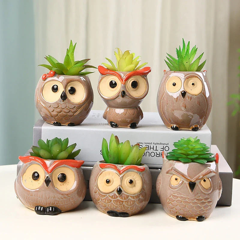 Adorable owl-shaped ceramic flower pot in white, suitable for succulents and small plants
