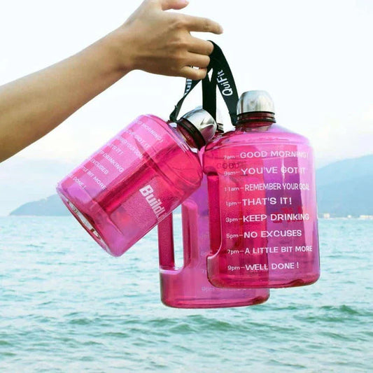 Premium customized gallon water bottle with time tracker markings, available in multiple vibrant colours