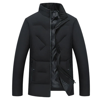 Premium cotton-padded jacket with stand collar and zip closure, available in gray, black, and navy blue
