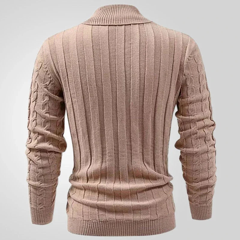 A classic khaki pullover with a tailored slim-fit design, perfect for sophisticated British style.