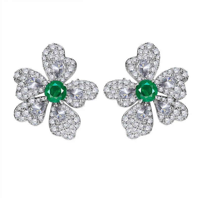 Elegant 925 silver-plated emerald flower earrings with sparkling stones