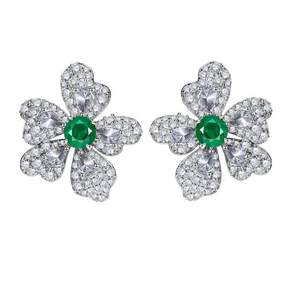 Elegant 925 silver-plated emerald flower earrings with sparkling stones