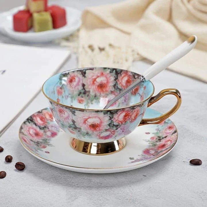 Charming floral porcelain tea set with cup, saucer, and spoon in a variety of delicate colour options