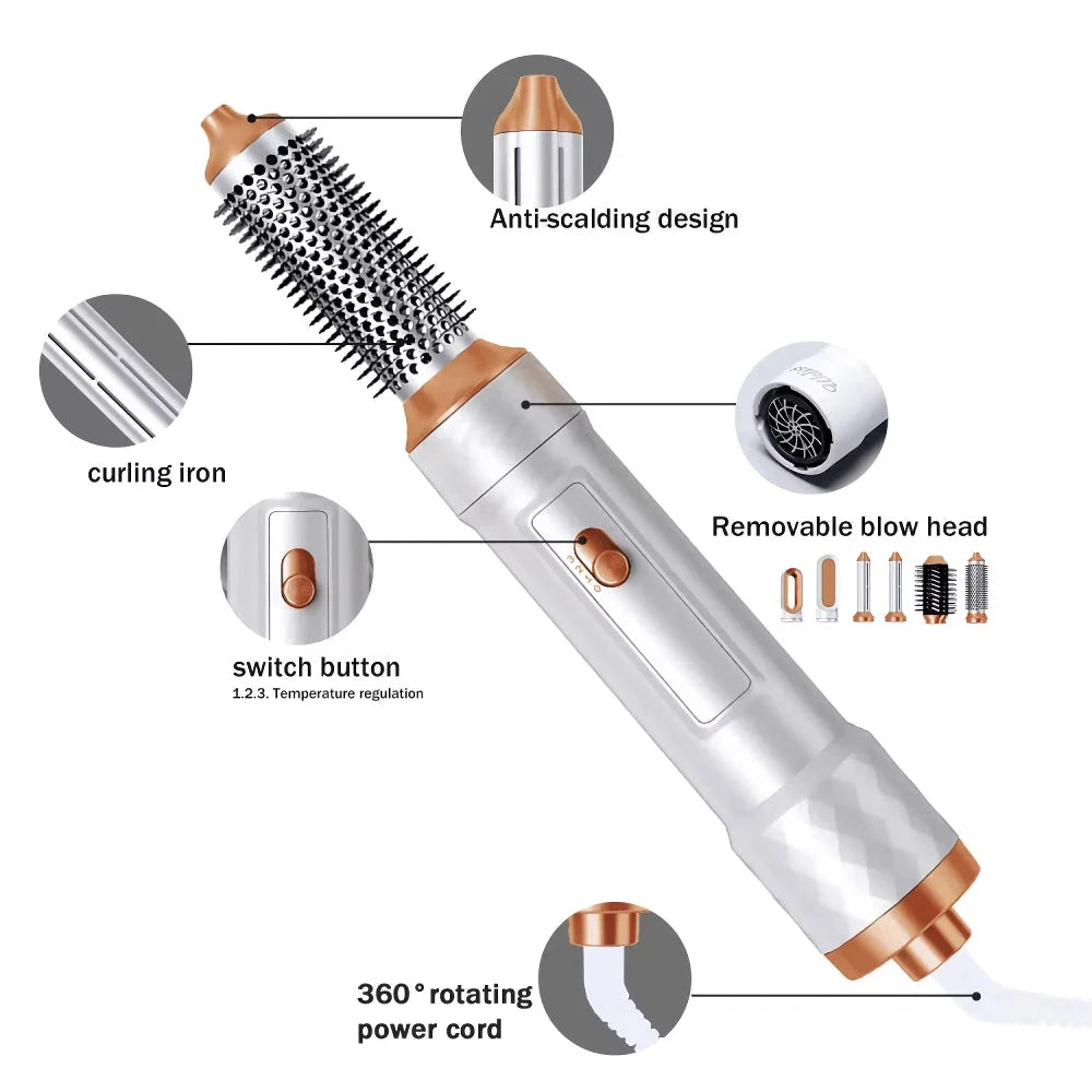 Versatile 5-in-1 Hot Air Hair Dryer Brush with Negative Ionic Technology and Detachable Attachments