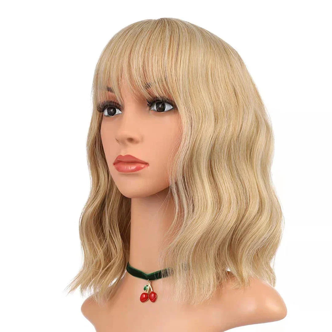 A premium curly wig with natural-looking waves and customisable air bangs, crafted with high-quality artificial hair fibres for a versatile and long-lasting style.